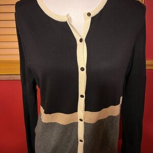 Land’s End color block cardigan. Black, gray, and beige.